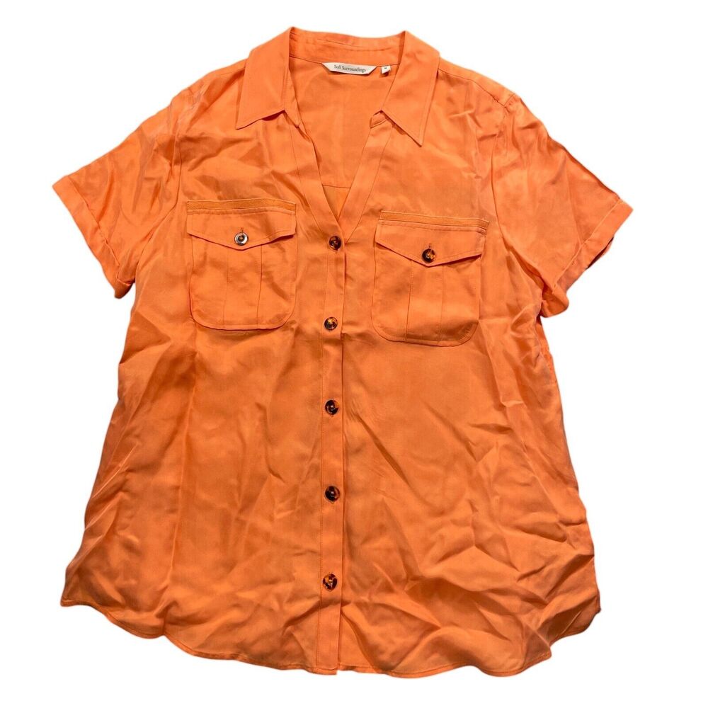 Soft Surroundings Medium Orange Button Up Short Sleeve Blouse Button Pockets